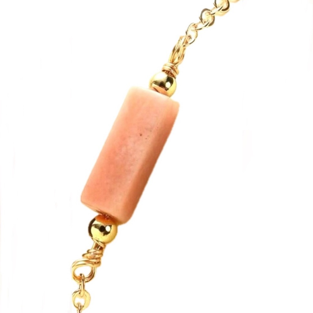 Natural Pink Agate Crystal Stone Rectangle Bar Gold Chain Simple Bracelet Anklet